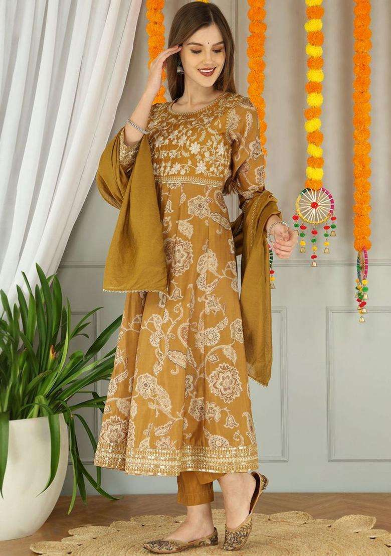 Mustard Printed Silk Blend Anarkali Set - Indya