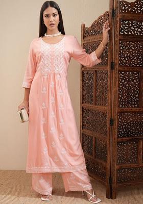 Peach Embroidered Viscose Kurta Set