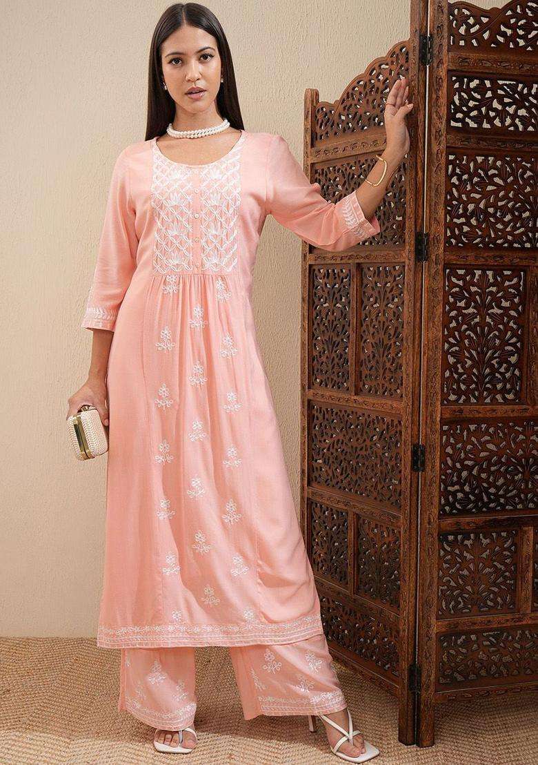 Peach Embroidered Viscose Kurta Set - Indya