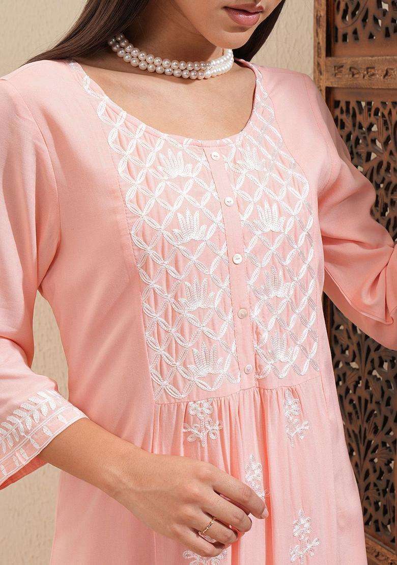 Peach Embroidered Viscose Kurta Set - Indya