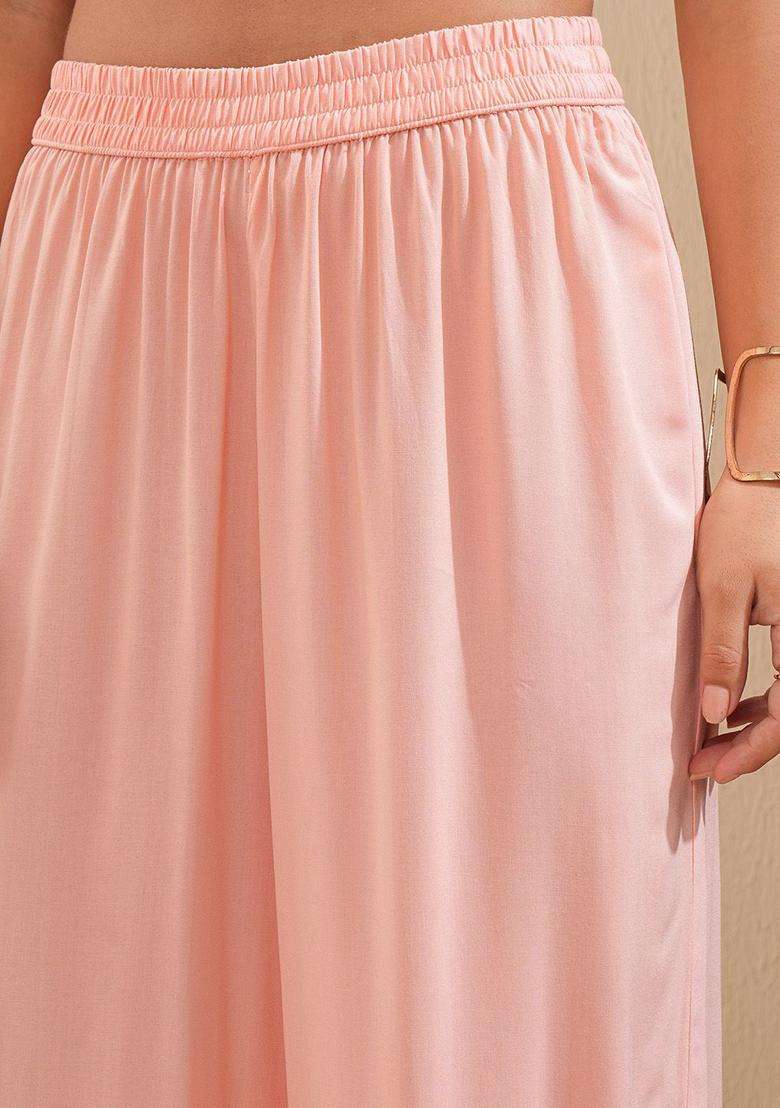 Peach Embroidered Viscose Kurta Set - Indya