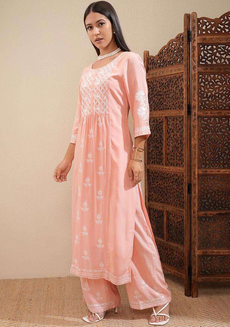 Peach Embroidered Viscose Kurta Set - Indya
