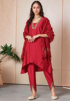 Red Solid Silk Blend Kurta Set