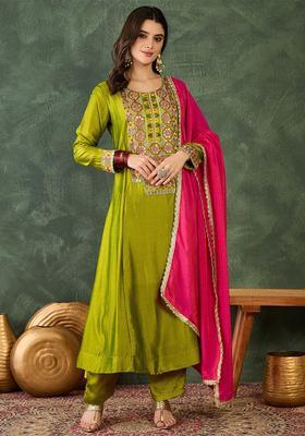 Lime Green Embroidered Silk Blend Kurta Set