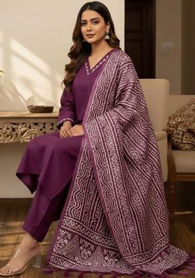 Purple Solid Cotton Kurta Set