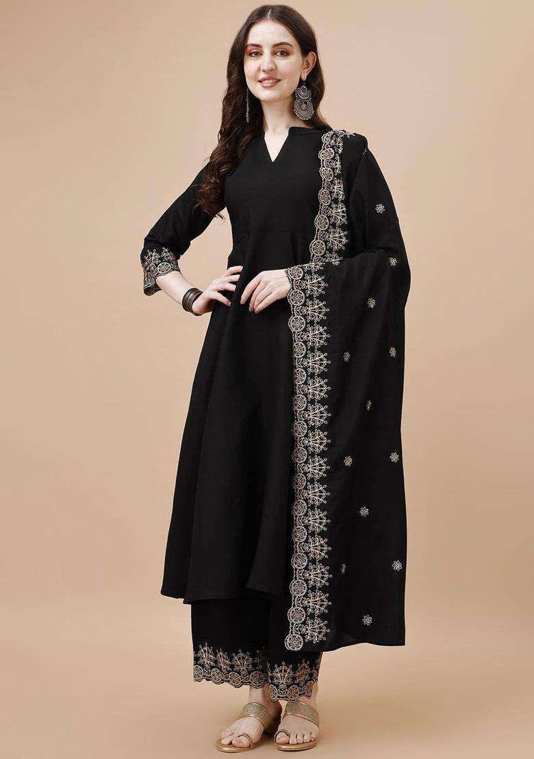Black Embroidered Viscose Anarkali Set - Indya