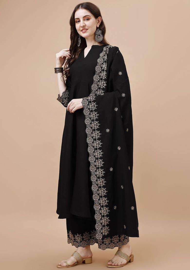 Black Embroidered Viscose Anarkali Set - Indya