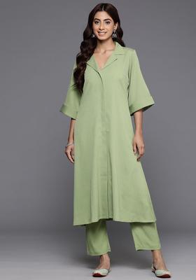 Green Solid Silk Kurta Set