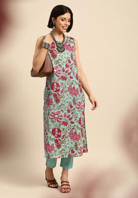 Turquoise Blue Printed Cotton Kurta Set