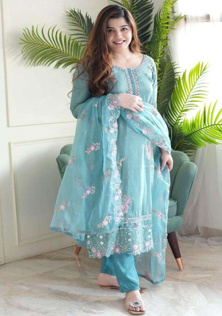Turquoise Blue Embroidered Chinon Kurta Set - Indya
