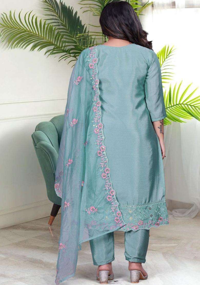 Turquoise Blue Embroidered Chinon Kurta Set - Indya