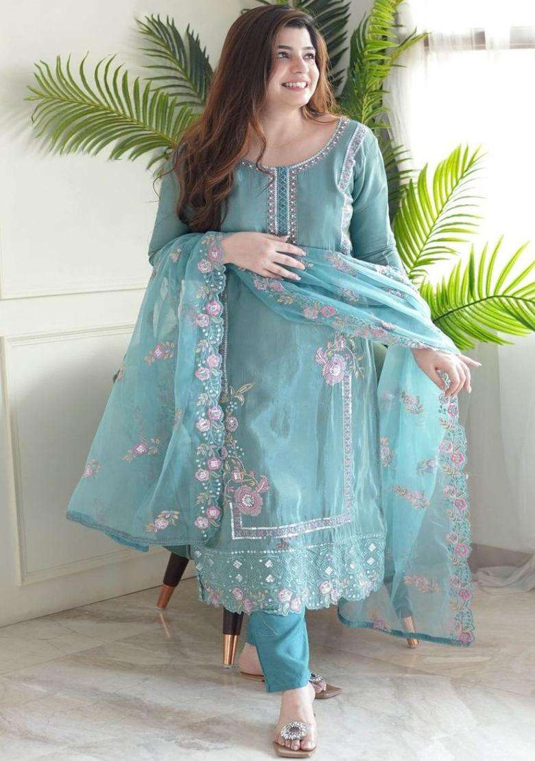 Turquoise Blue Embroidered Chinon Kurta Set - Indya