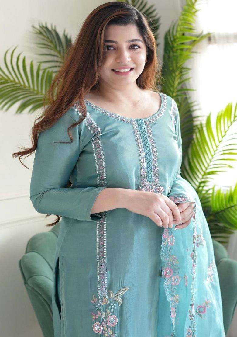 Turquoise Blue Embroidered Chinon Kurta Set - Indya