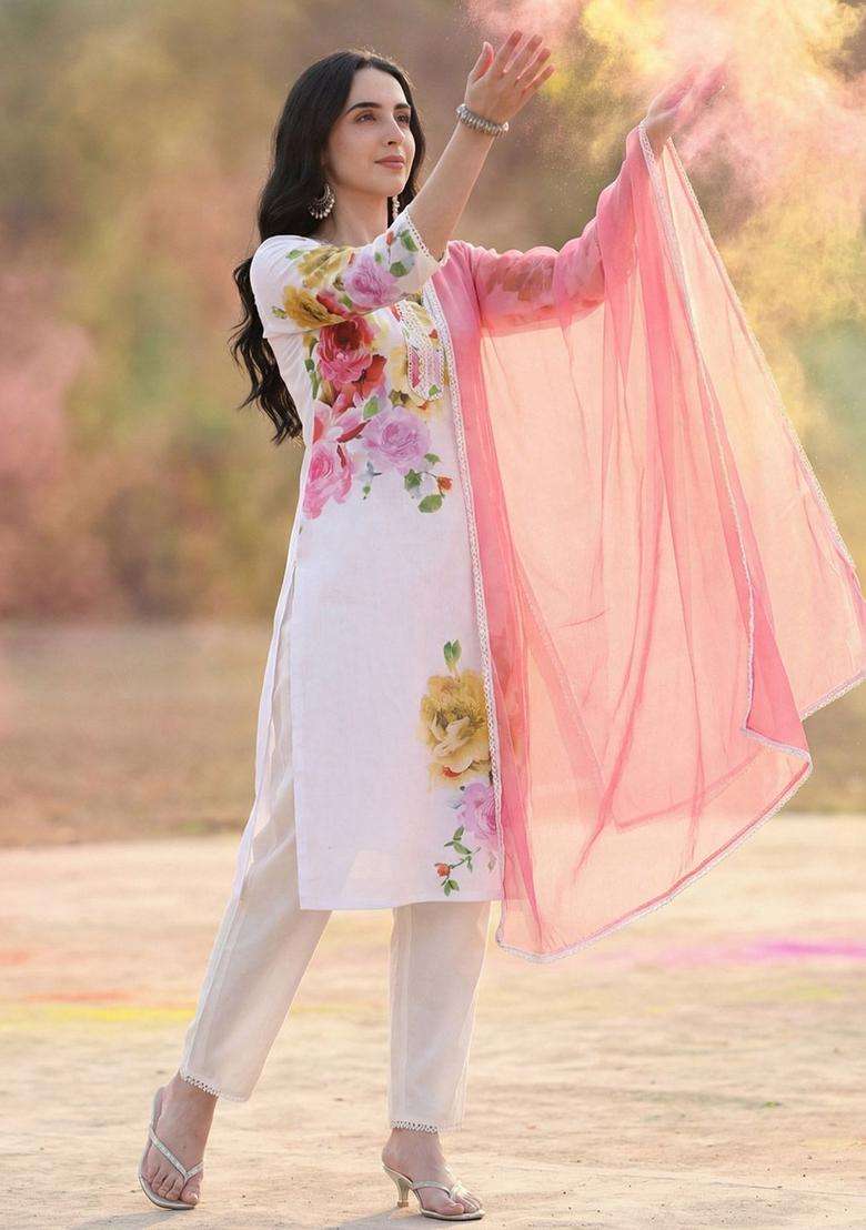 Off White Printed Linen Kurta Set - Indya