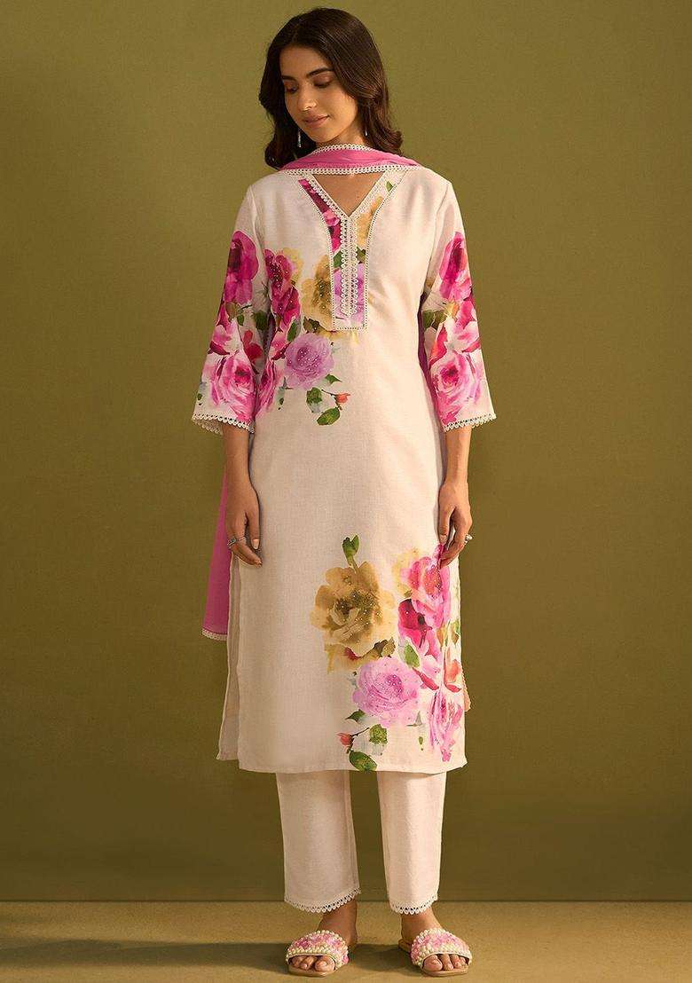 Off White Printed Linen Kurta Set - Indya