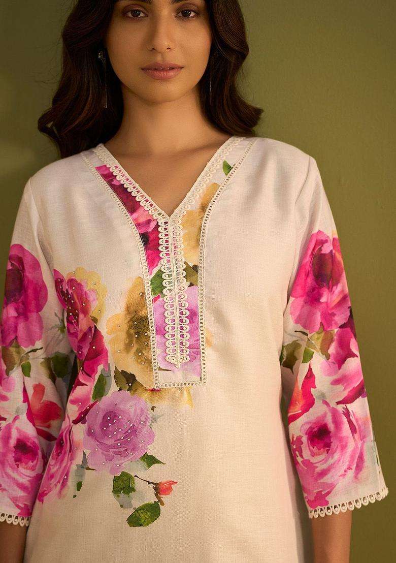 Off White Printed Linen Kurta Set - Indya