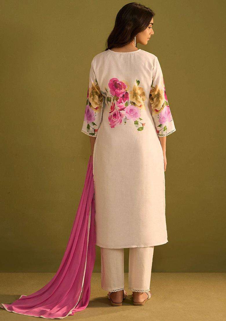 Off White Printed Linen Kurta Set - Indya
