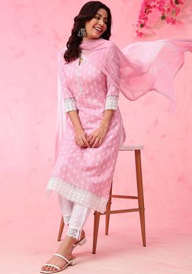 Pink Self Design Cotton Kurta Set