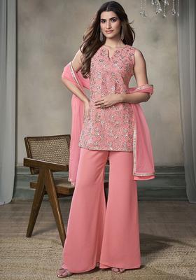 Peach Embroidered Georgette Sharara Set