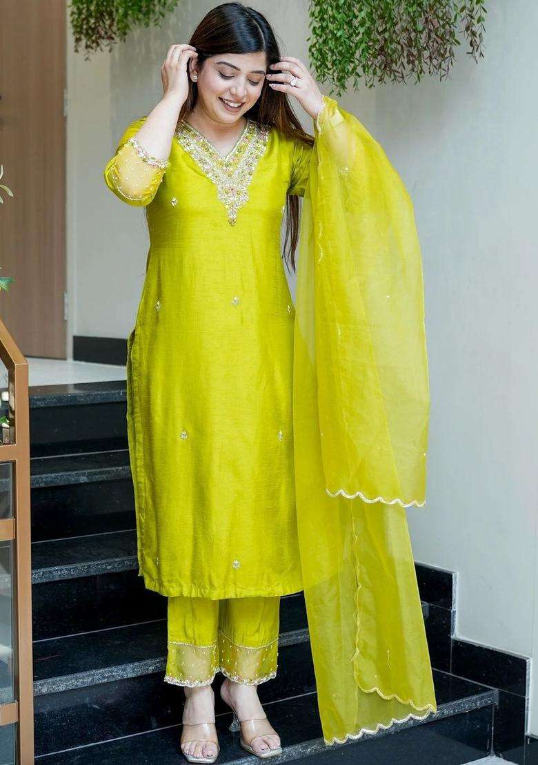 Mustard Embroidered Chanderi Kurta Set - Indya