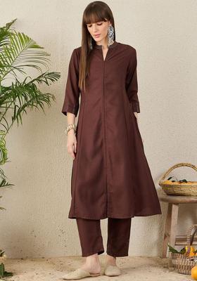 Brown Solid Cotton Kurta Set