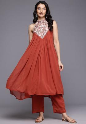 Rust Yoke Design Silk Blend Kurta Set