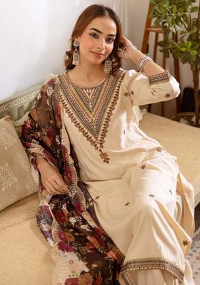 Cream Embroidered Viscose Kurta Set
