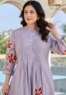 Lavender Embroidered Cotton Kurta Set