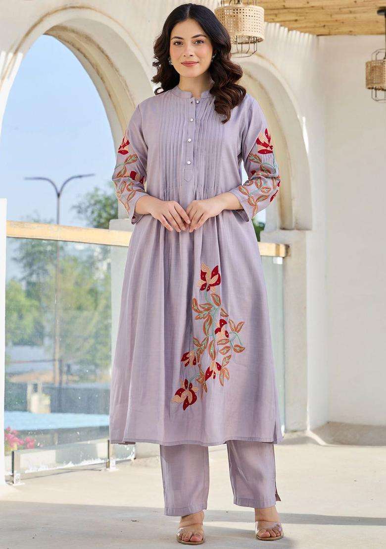 Lavender Embroidered Cotton Kurta Set - Indya