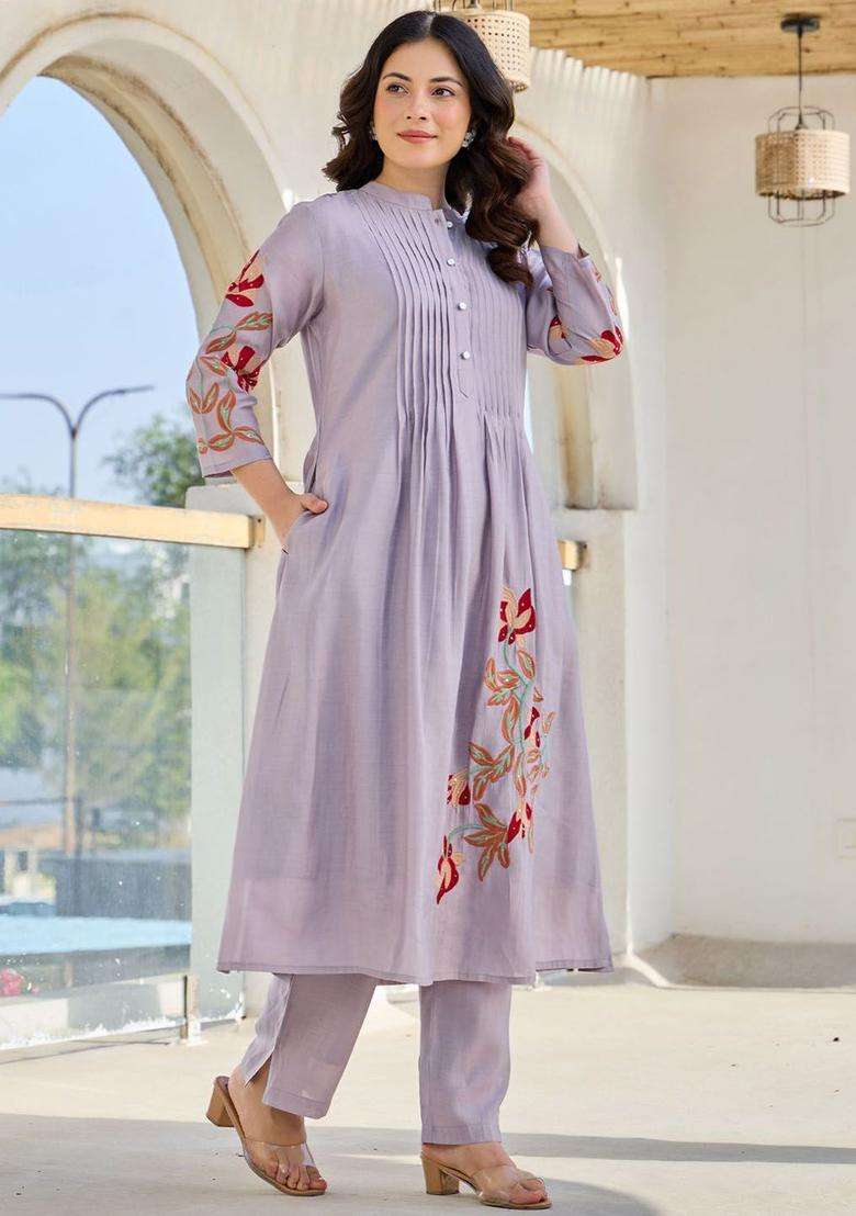Lavender Embroidered Cotton Kurta Set - Indya