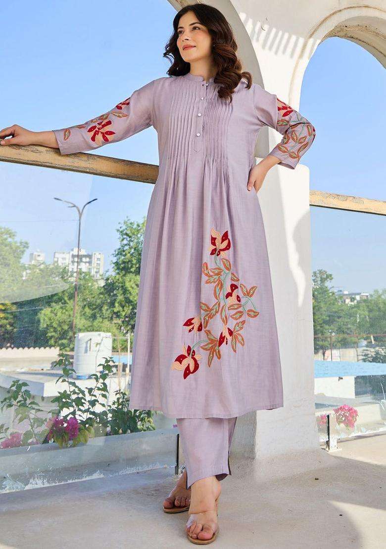 Lavender Embroidered Cotton Kurta Set - Indya