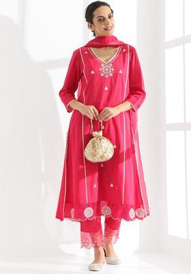 Fuchsia Embroidered Cotton Kurta Set