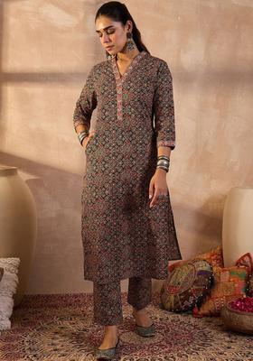Rust Printed Cotton Kurta Set