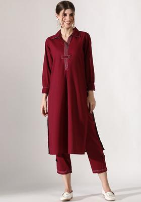 Maroon Solid Cotton Kurta Set