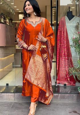 Orange Printed Silk Blend Kurta Set
