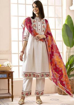 Cream Embroidered Cotton Kurta Set