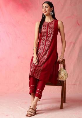 Maroon Woven Design Viscose Kurta Set