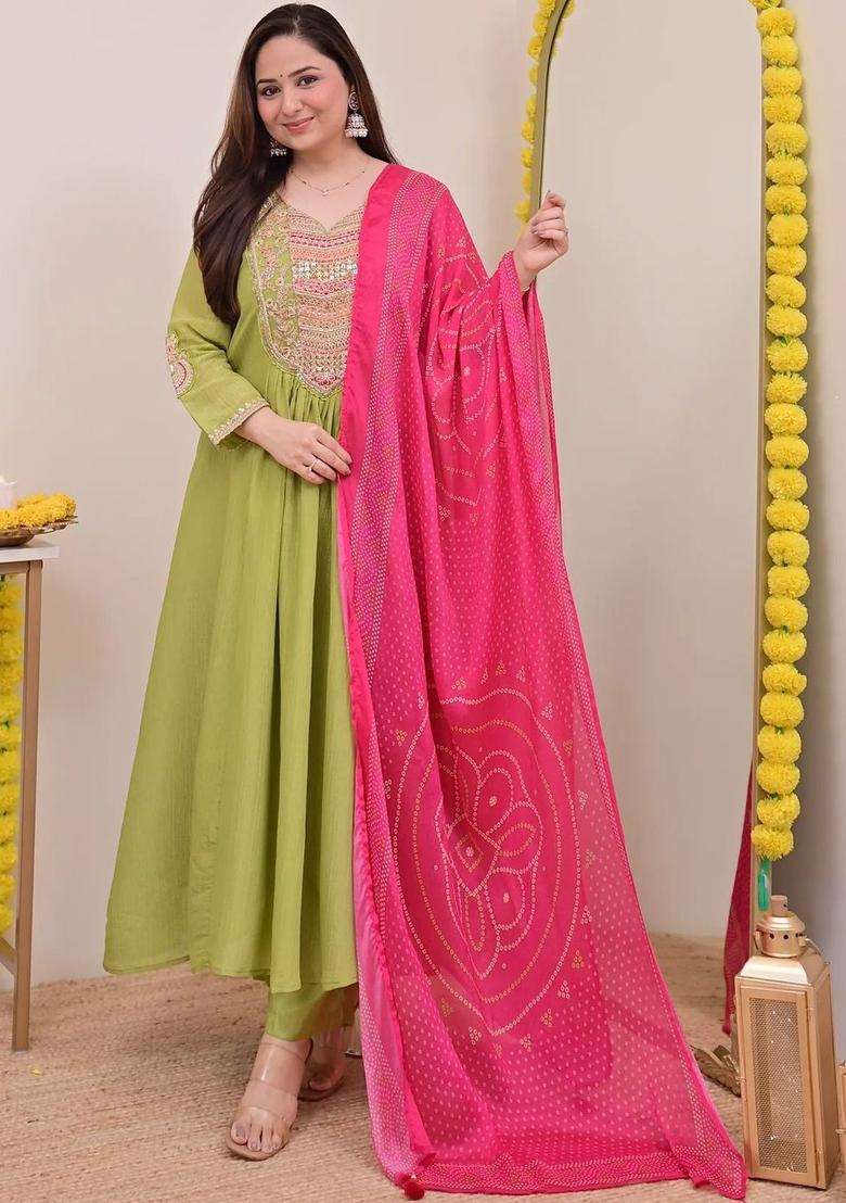 Lime Green Embroidered Chinon Kurta Set - Indya