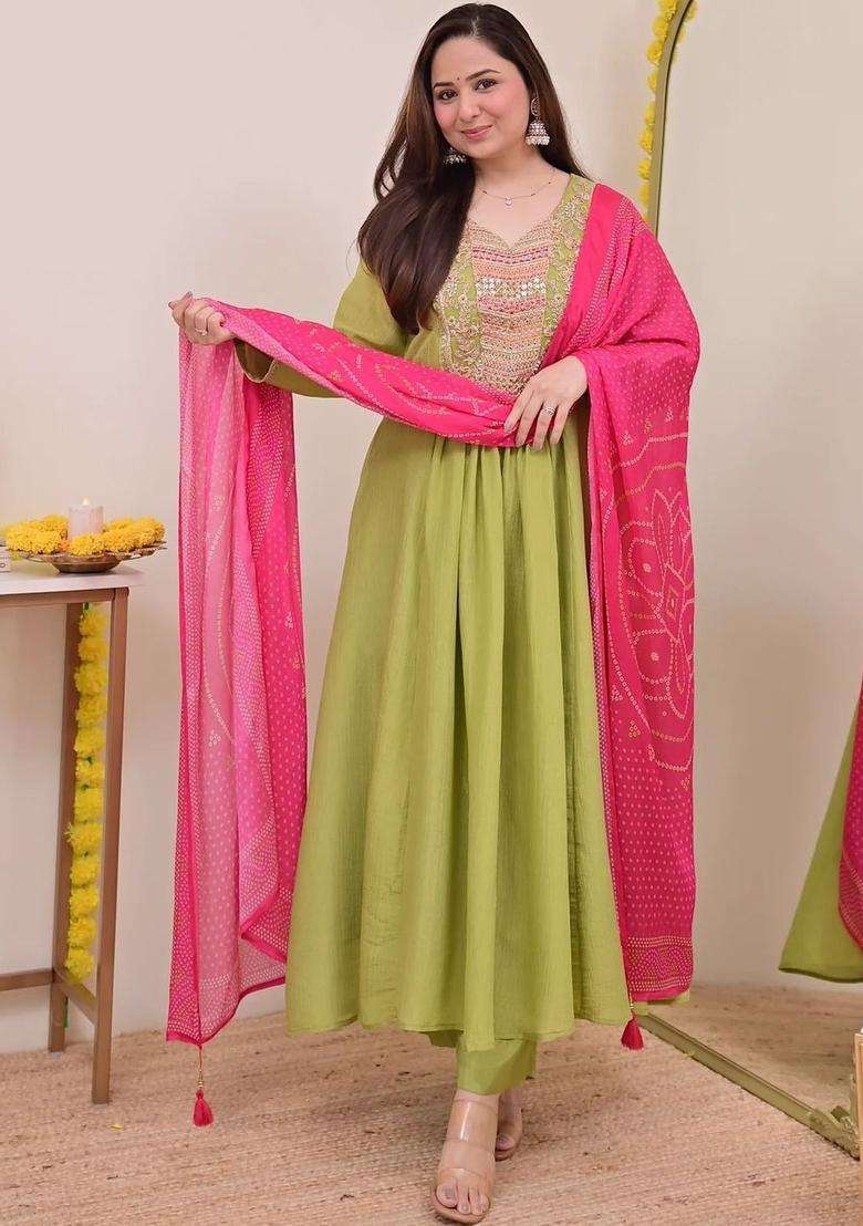 Lime Green Embroidered Chinon Kurta Set - Indya