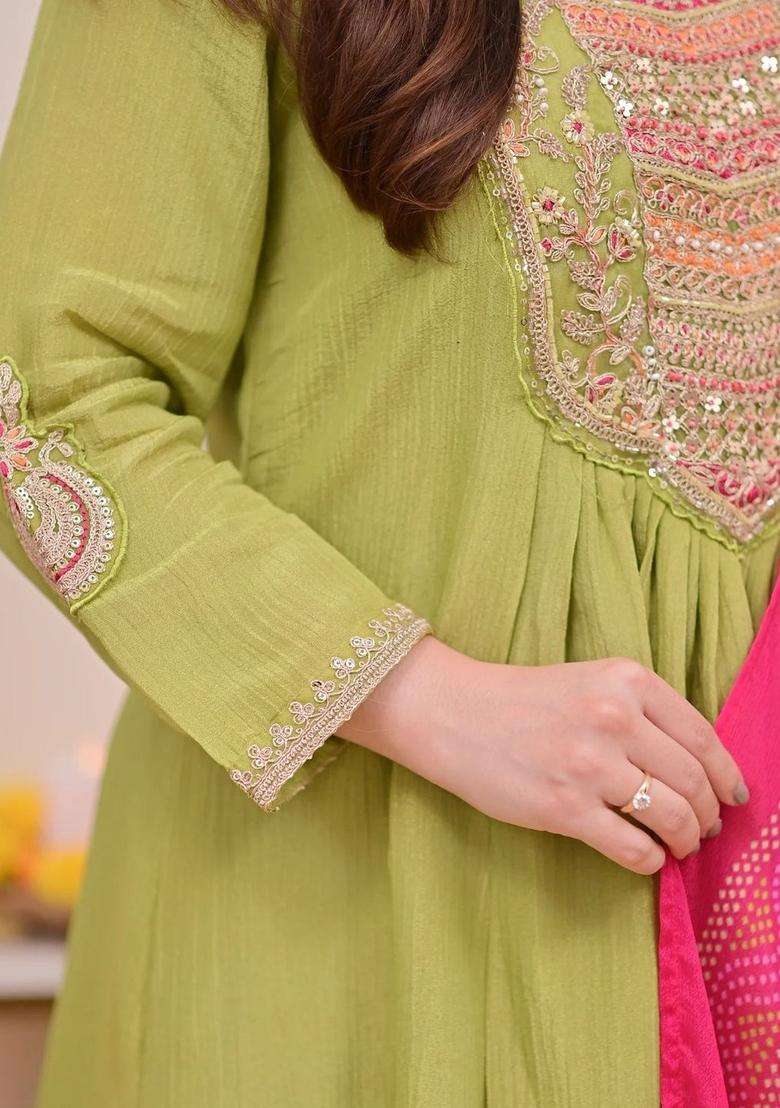 Lime Green Embroidered Chinon Kurta Set - Indya