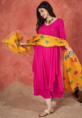 Pink Solid Viscose Kurta Set