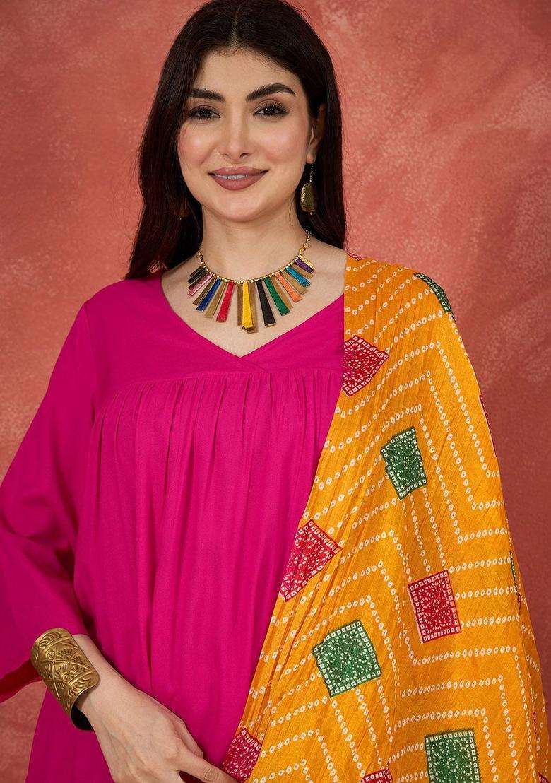 Pink Solid Viscose Kurta Set - Indya