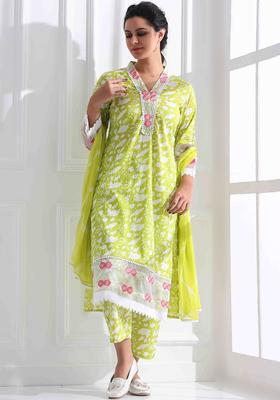 Lime Green Printed Cotton Kurta Set