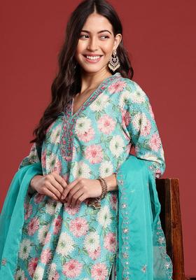 Turquoise Blue Printed Cotton Kurta Set