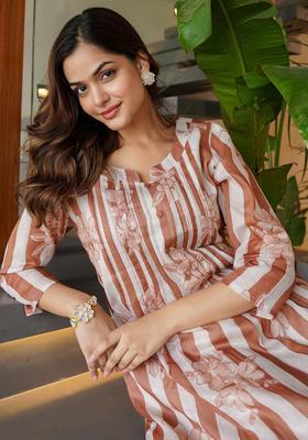 Brown Printed Cotton Kurta Set