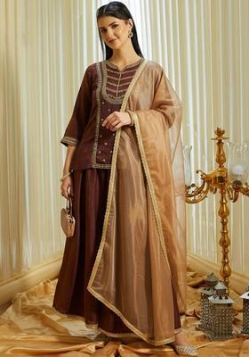 Brown Embroidered Silk Kurta Set