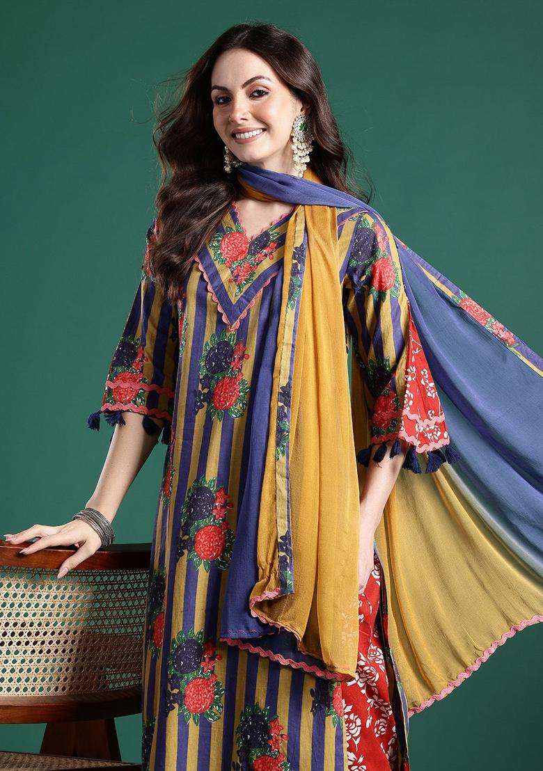 Multicolor Printed Cotton Kurta Set - Indya