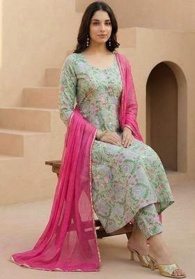 Lime Green Printed Cotton Kurta Set