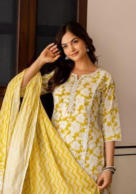 Lime Green Printed Cotton Kurta Set