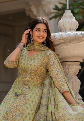 Green Printed Cotton Anarkali Set